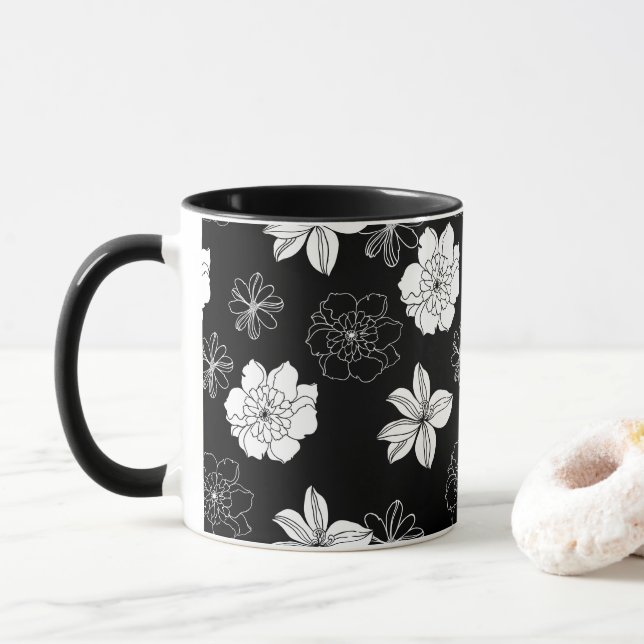 Taza Patrón floral blanco y negro (Con donut)