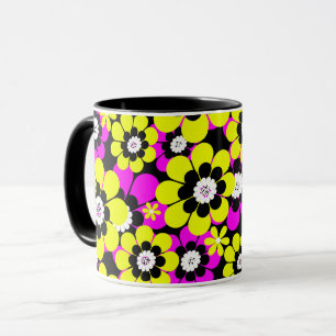 Taza Patrón floral brillante neón rojo y flujo amarillo