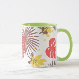 Taza Patrón floral colorido Rojo y amarillo sobre verde