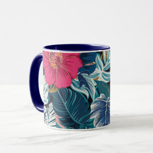 Taza Patrón floral con hibiscus rosado y oliage azul