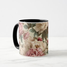 Taza Patrón floral crema de peonía rosada vintage