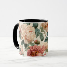 Taza Patrón floral crema peonía rubor vintage