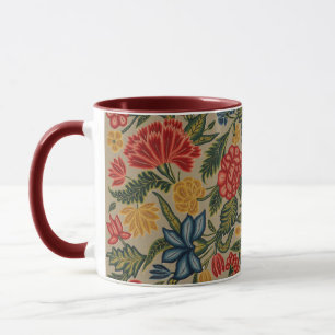 Taza Patrón Floral de Crewel Rojo y Dorado Vintage