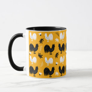 Taza Patrón Floral de Granjas Dibujado a Mano con Gallo