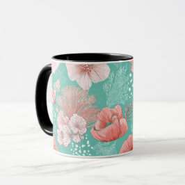 Taza Patrón floral de menta de flor de coral dibujado a