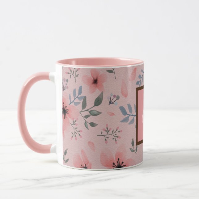 Taza Patrón floral de monograma rosa Viñeta Boho simple (Izquierda)