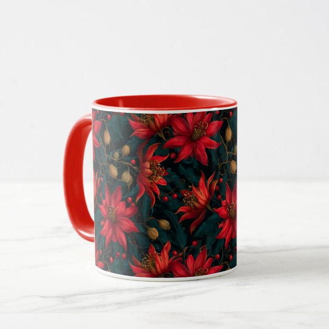 Taza Patrón Floral de Navidad Rojo Oscuro (Anverso izquierdo)