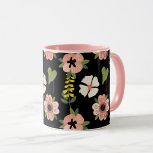 Taza Patrón floral elegante sobre negro   Botánico chic