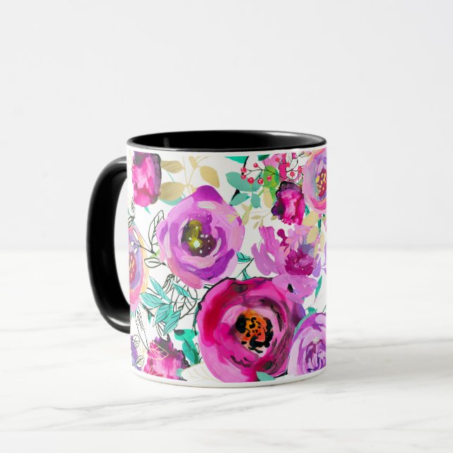 Taza Patrón Floral Moderno Colorido Rosa Púrpura Brilla (Anverso izquierdo)
