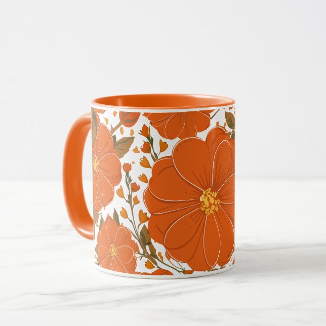 Taza Patrón floral Naranja vibrante con hojas (Anverso izquierdo)