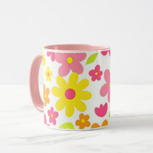 Taza Patrón floral retro brillante de verano en rosa y 