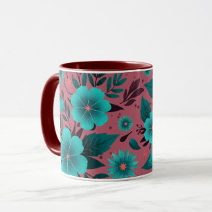 Taza Patrón floral verde azulado sobre fondo marrón