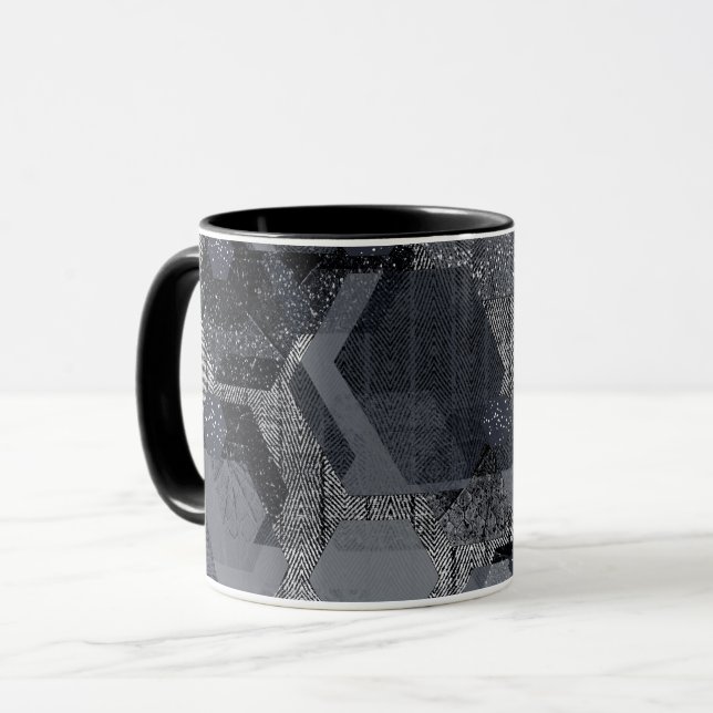 Taza Patrón geométrico abstracto, negro y gris. (Anverso izquierdo)