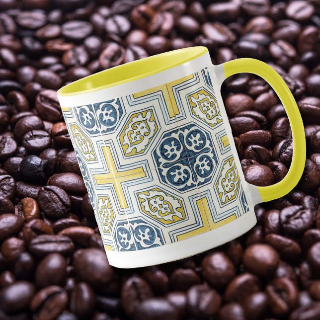 Taza Patrón geométrico de mosaico amarillo azul café Mu (Subido por el creador)