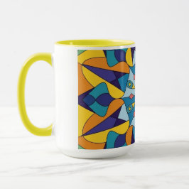 Taza Patrón geométrico fractal azul y amarillo