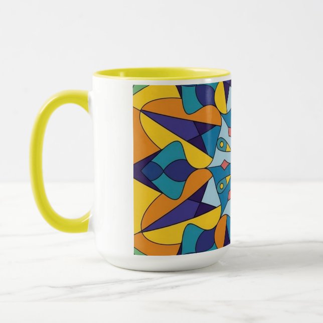 Taza Patrón geométrico fractal azul y amarillo (Izquierda)