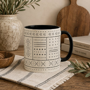 Taza Patrón geométrico tribal de marfil negro   Boho mo