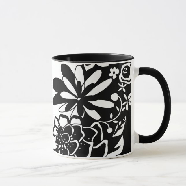 Taza Patrón gráfico de jardín floral blanco y negro (Derecha)