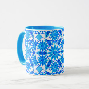 Taza Patrón Mandala, azul cobalto, turquesa y blanco