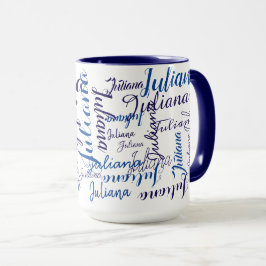 Taza patrón moderno de nombres manuscritos en azul