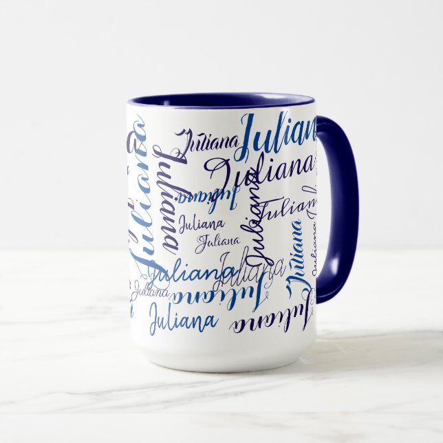 Taza patrón moderno de nombres manuscritos en azul (Anverso derecho)