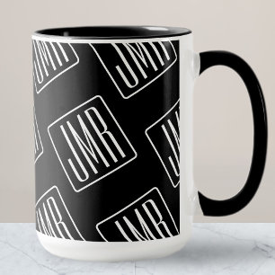 Taza Patrón monogramado moderno   Blanco y negro