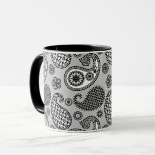 Taza Patrón paisley, tonos grises, negros y blancos