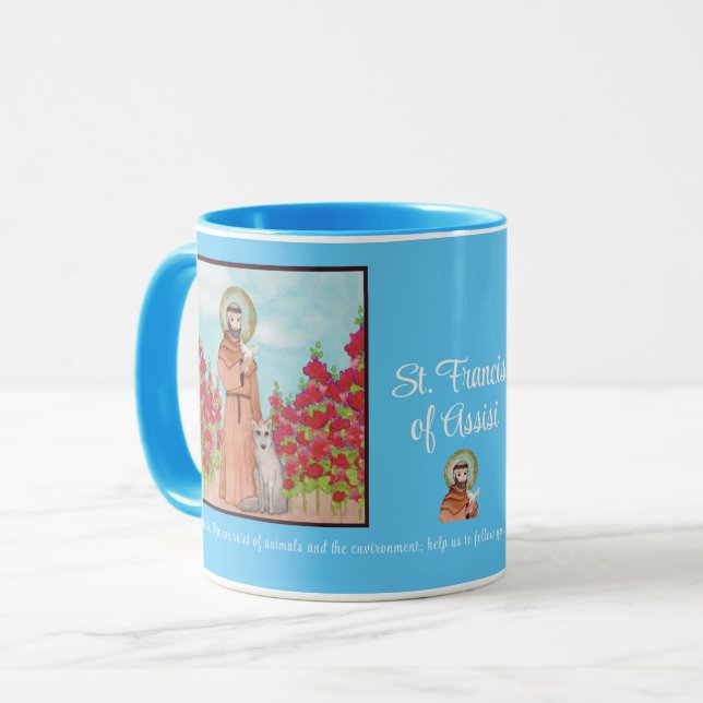 Taza Patrón San Francisco de Asís acuarela regalo azul (Anverso izquierdo)