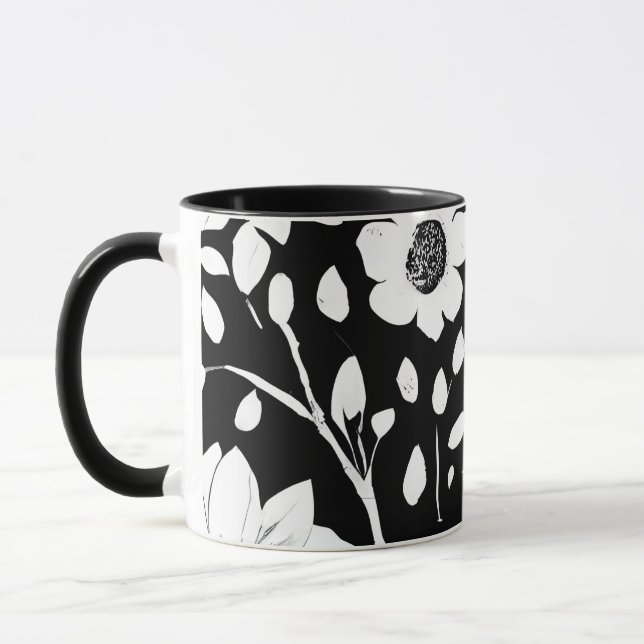 Taza Patrón simple de la flor negra y blanca sin foco (Izquierda)