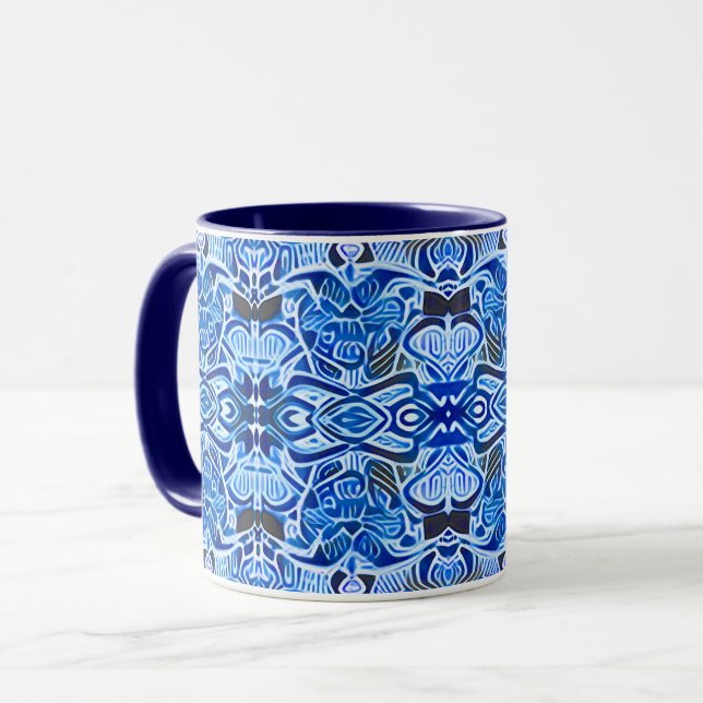Taza Patrón tribal de batik en azul índigo y blanco (Anverso izquierdo)