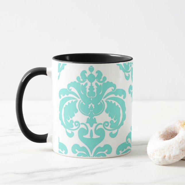 Taza Patrón verde azulado de Damasco de Moda elegante y (Con donut)