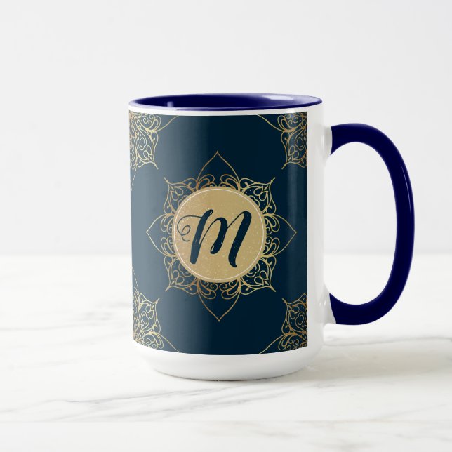 Taza Patrón y monograma de damasco de Mandala dorada (Derecha)