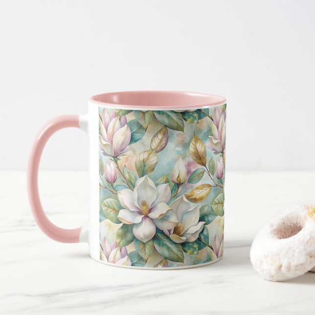 Taza Pattern Elegant Magnolia Flowers (Con donut)