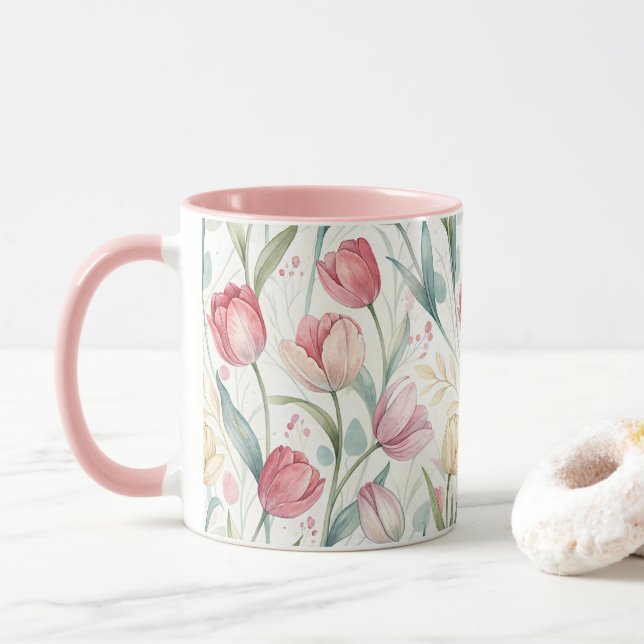 Taza Pattern Watercolor Modern Tulips (Con donut)