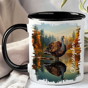Taza Pavo junto al reflejo del lago de otoño