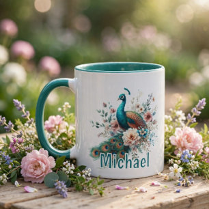 Taza Pavo real a la acuarela personalizado