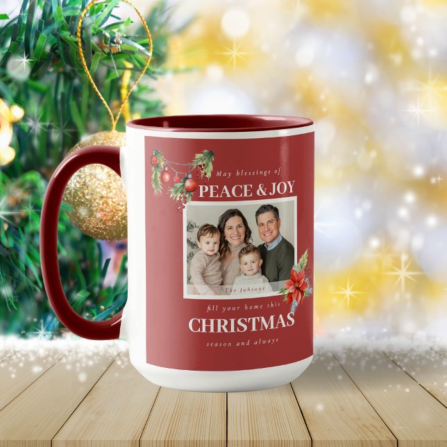 Taza Peace Joy Red Poinsettia Family Photo Christmas (Subido por el creador)