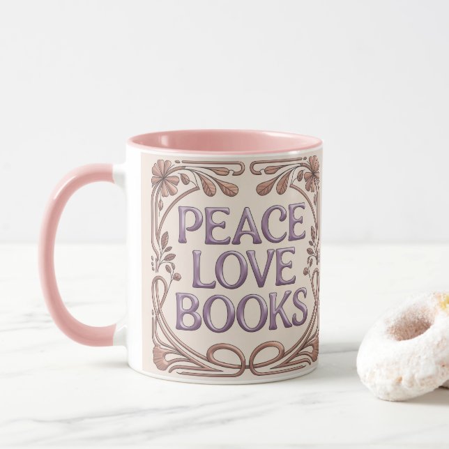 Taza Peace Love Books Pink Combo Mug (Con donut)