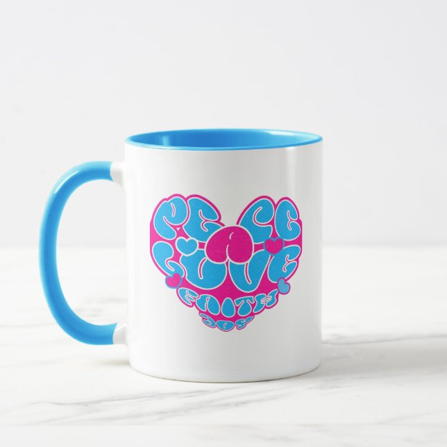 Taza Peace Love Faith Joy Aqua Pink Heart Retro Mug (Izquierda)