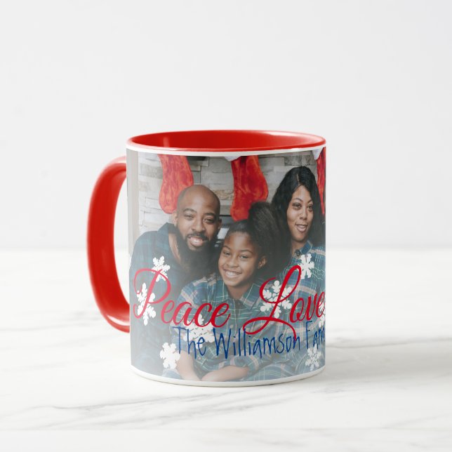 Taza Peace Love Joy Family Photo Red White Snflake (Anverso izquierdo)