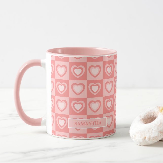 Taza Peachy Pink Retro Hearts Valentine’s Gift (Con donut)
