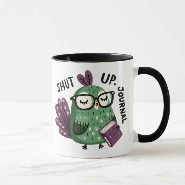 Taza Peacock con gafas - "Cállate, Journal" Gracioso (Derecha)