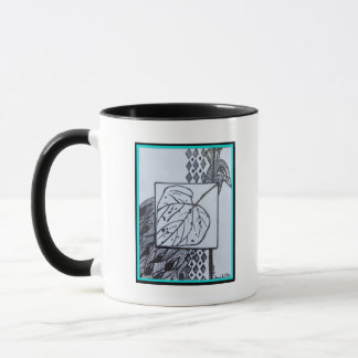 Taza Peacock & Leaf Blk & Whit Ink Turquoise Border.