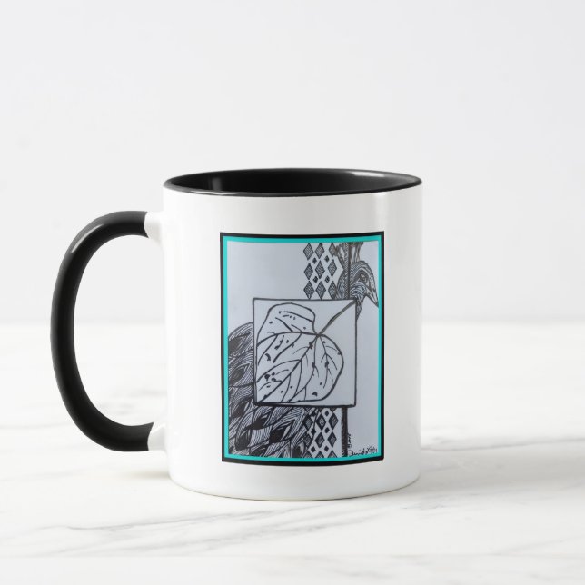 Taza Peacock & Leaf Blk & Whit Ink Turquoise Border. (Izquierda)