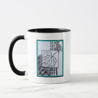 Taza Peacock & Leaf Blk & Whit Ink Turquoise Border Mug