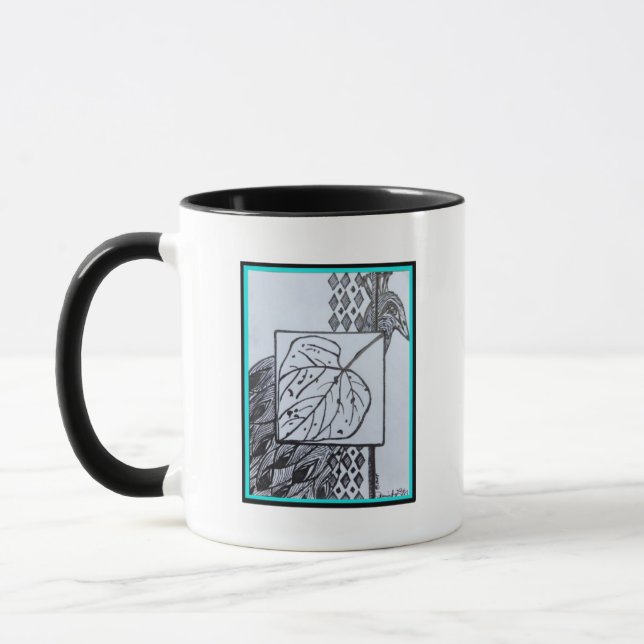Taza Peacock & Leaf Blk & Whit Ink Turquoise Border Mug (Izquierda)