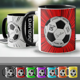 Taza Pelota de Fútbol Personalizada Cumpleaños Edad Nom