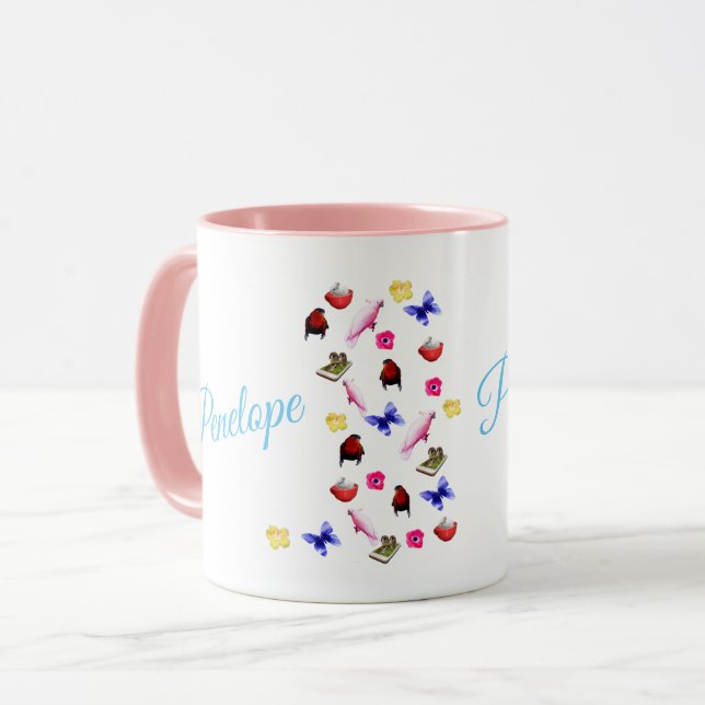 Taza Penélope, Nombre, Con Bunnés, Perros Y Flores, (Anverso izquierdo)