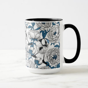 Taza peonías blancas y aves de teta azul
