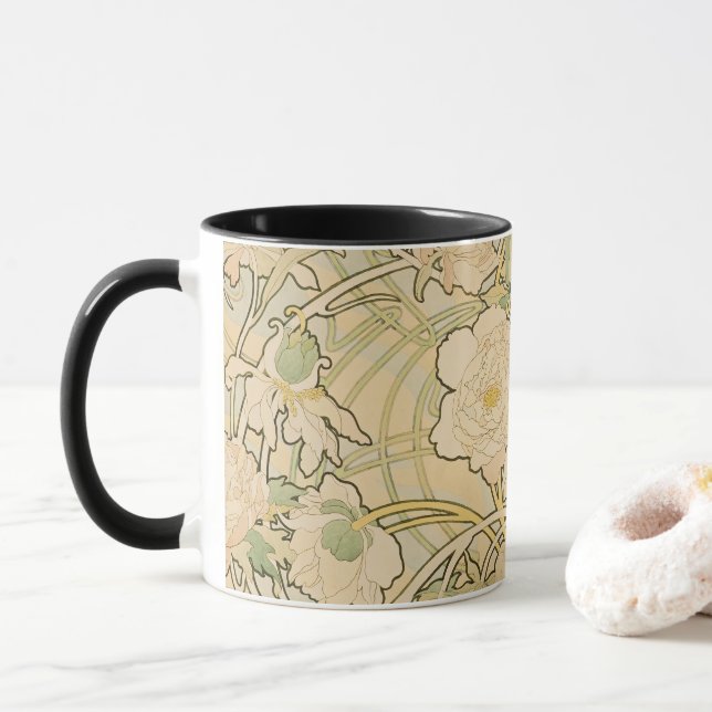 Taza Peonías de Alphonse Mucha, Arte Nouveau Antiguo (Con donut)